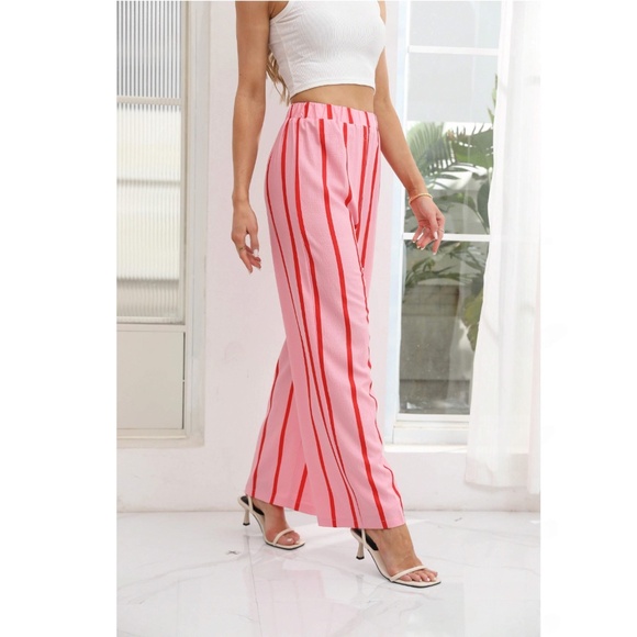 Pink Wide Trousers with Red Stripes Elastic Waist Flowy and Light - Picture 17 of 17